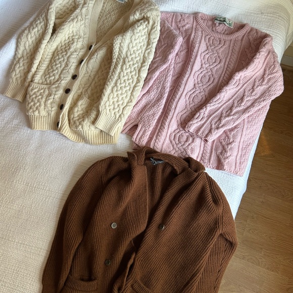 BUNDLE Aran Crafts 100% wool sweaters - Cream, Pink, and Brown Pierre Cardin - Picture 1 of 7